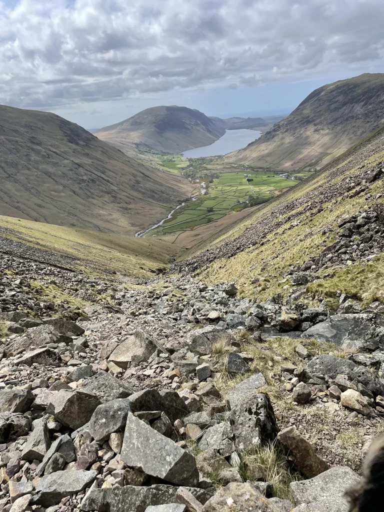 View down rocky gully towards Wast Water between Kirk Fell and Great Gable
