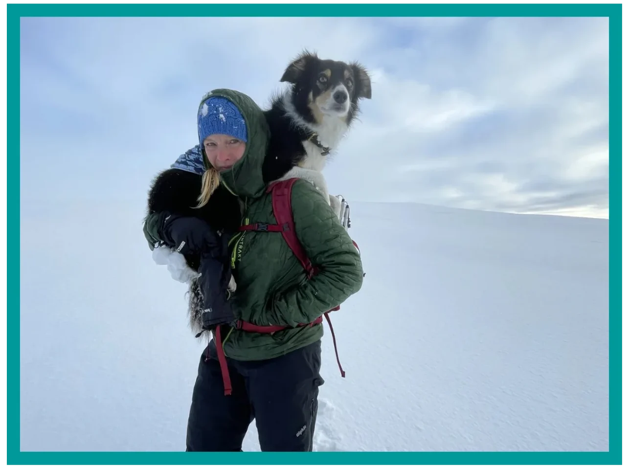 Way Out West guide carrying Blea the dog on a snowy mountain walk